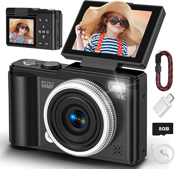 Digital camera, 4K 64MP Compact Digital Camera with Autofocus and Macro Function, 180° flip-up screen portable selfie cameras for photography and video with Micro SD Card for Beginners Teens