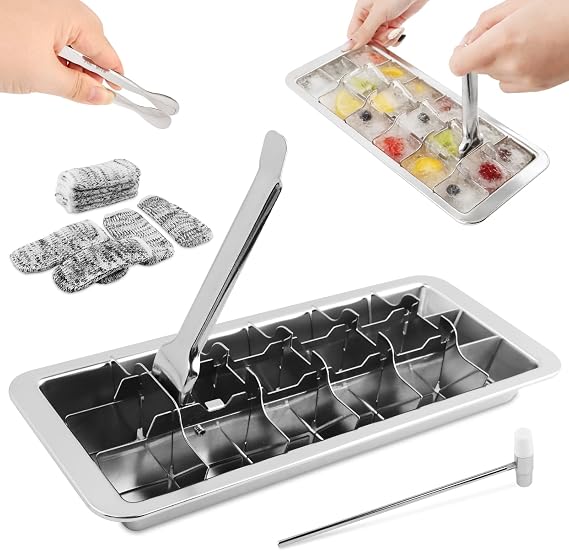 Stainless Steel Ice Cube Trays, 18-Slot Metal Ice Cube Trays for Freezer | Vintage Inspired Design with Release Lever Remove Handle for Making Large Cubes Kitchen & Bar