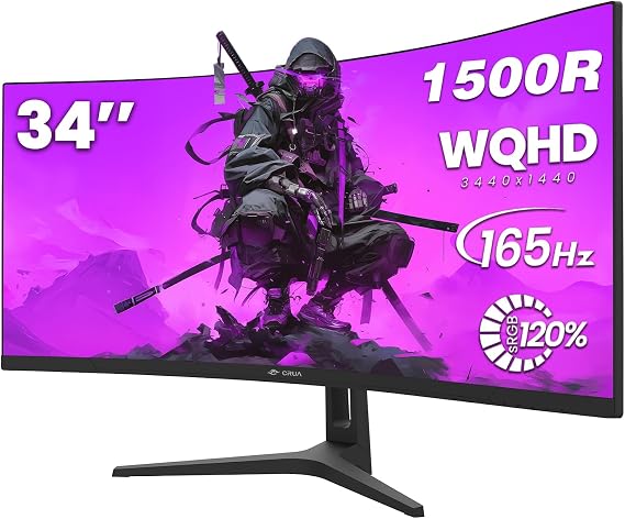 CRUA 34 Inch UWQHD 165Hz Ultrawide Curved Gaming Monitor, 21:9, 1500R VA