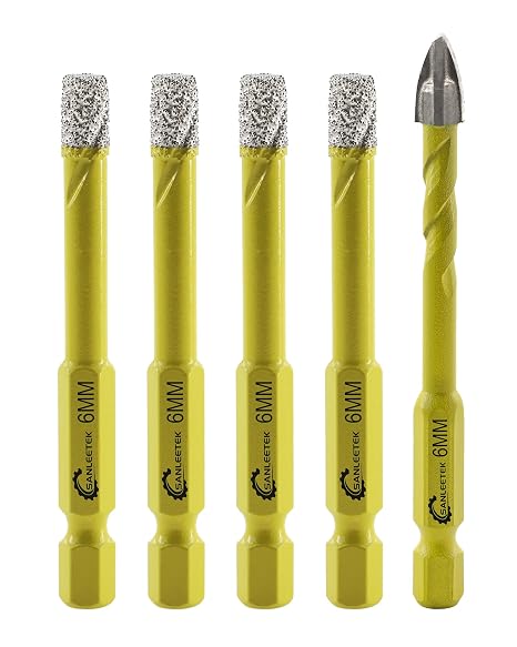 Dry Diamond Drill Bits Set - 4pcs 1/4"(6mm) SANLEETEK Hole Saw and 1pc 1/4"(6mm) Carbide Drill with Quick Change Hex Shank for Marble Granite Ceramic Porcelain Tile Stoneware Quartz