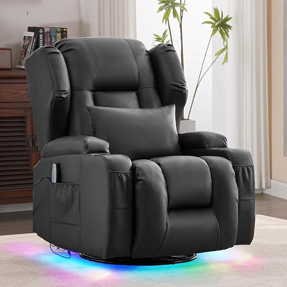 Power Swivel Rocker Recliner Chair with Massage & Heat, Black