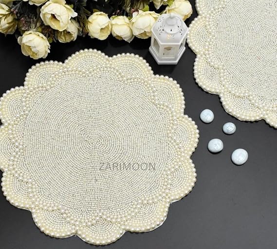 Set of 2 Pearl White Beaded placemat, Luxury placemat, Table mat, Charger Plate, Gift for her, Table Decor, Home Decoration ZARIMOON