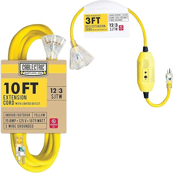 10ft Heavy Duty Extension Cord 3Outlet, 12/3 Multiple Outlets Lighted Plug Yellow SJTW Weatherproof & 3Ft Outdoor GFCI Extension Cord Pigtail 15Amp 12/3 SJTW Heavy Duty Gauge Lighted Yellow