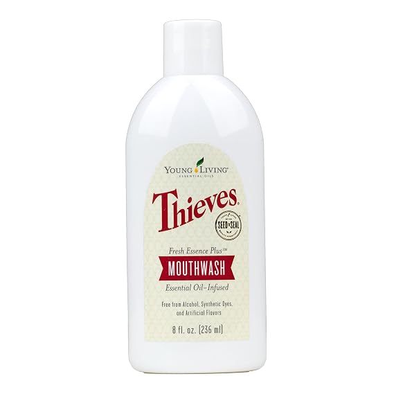 Young Living Thieves Fresh Essence Plus Mouthwash | 8 fl oz | Alcohol-Free and Fluoride-Free | Enhanced with Essential Oils | Peppermint, Rosemary, Lemon, Cinnamon Oils