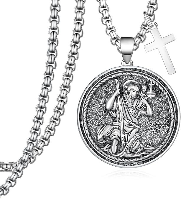 Saint Christopher Necklace for Men&Women - 925 Sterling Silver St Christopher Medal - Patron Saint Amulet, Religious Jewelry Gift