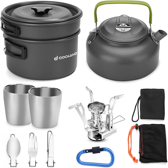 Odoland Camping Cooker Pan Set Aluminum Camping Cookware Kit for 2 People, Portable Outdoor Pot Pan Stove Kettle 2 Cups and Tableware - Backpacking Cookware for Picnic Trekking and Hiking