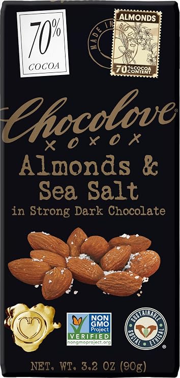Chocolove, Chocolate Bar Dark Almonds Sea Salt 70%, 3.2 Ounce