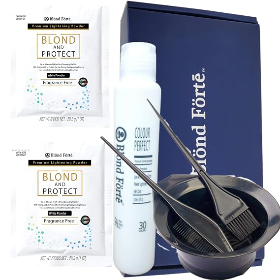 Blond And Protect DIY Hair Lightening Kit 8+ Level Hair Bleach Lightening Kit Combo - 20 Vol Developer & 3 PCS Set (Blue powder)