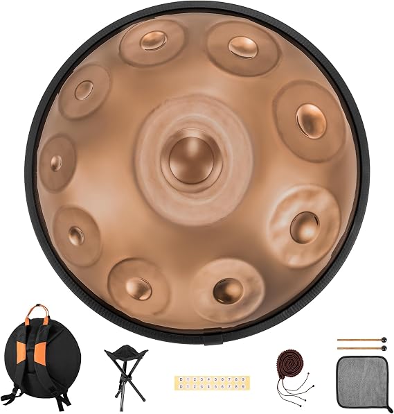 Professional 22 inches Handpan Drum 432Hz, 10 Notes D Minor Kurd (Gold)
