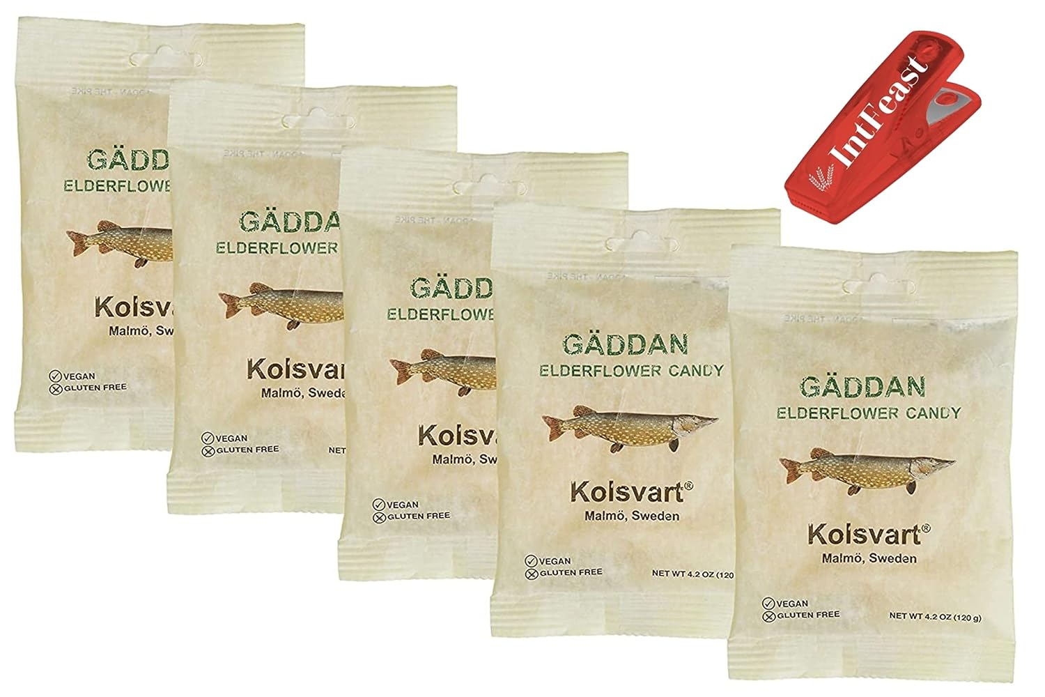Kolsvart Elderflower Swedish Candy Vegan & Gluten Free, 4.2 Ounces Pack of 5 with Snack Bag Clip by Intfeast