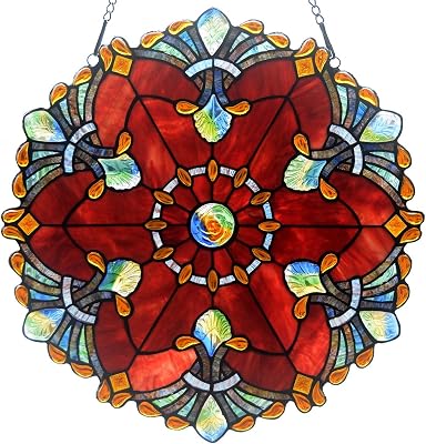 Bieye W10041 Baroque Tiffany Style Stained Glass Window Panel with Chain, 18-inch Wide Round Shape, Red