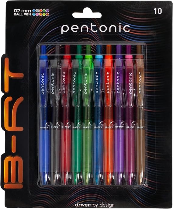 Pentonic B-RT Retractable Ballpoint Pens, 10 Count, 10 Colors Tip, 0.7 mm Fine Point, Ergonomic Grip, Smooth Writing For Journaling, Pens for School & the Office (1017265)
