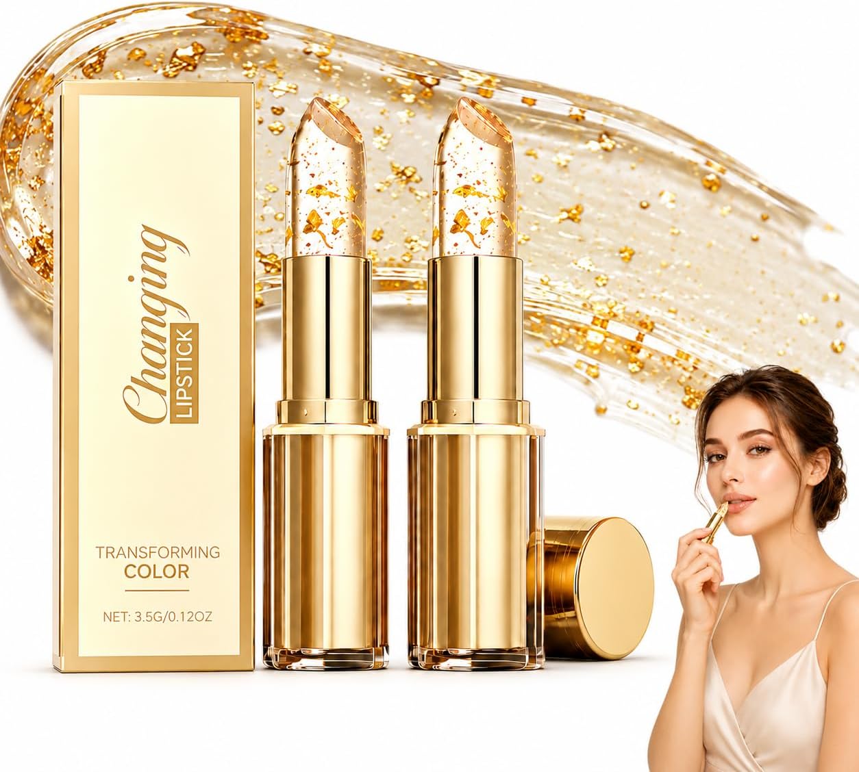 2PCS Colour Changing Lipstick,Ph Adaptive Lipstick, Lip Balm with Gold Foil, Contains Gold Leaf, Non-stick Cup, Long-Lasting Color, 24h Hydrating, For All Skin Tones