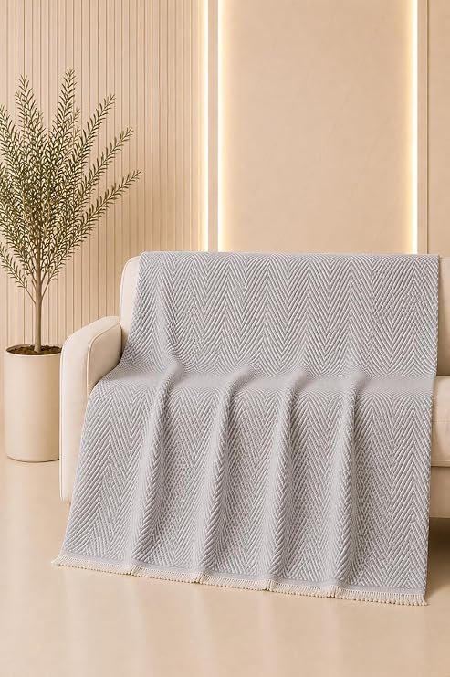 Pamuklu Çok Amaçlı Koltuk Örtüsü – Zigzag Desenli Koltuk Şalı, Çekyat Örtüsü, TV Battaniyesi, Dekoratif, Şık ve Dayanıklı -170x210 cm (Açık Gri)