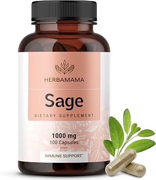 HERBAMAMA Sage Capsules - 1000mg Natural Digestive & Immune Support - Sage Leaves for Brain Clarity Vegan, Non-GMO Salvia Officinalis Antioxidant Supplement