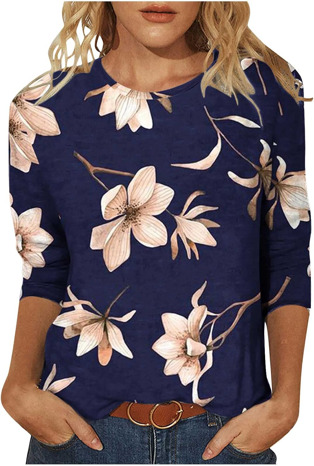 Boho Floral 34 Sleeve Tops for Women 2023 Causal Loose Summer Trendy Graphic Tee Shirts Three Quarter Length Blouse