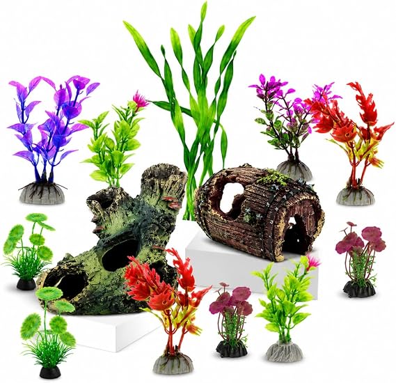 Aquarium Decorations Set, Fish Tank Decor with Artificial Plants and Resin Ornaments, Betta Fish Tank Accessories for Small Tanks, Soft Safe Plastic Plants with Hideout Cave Decor(Ornaments set #2)