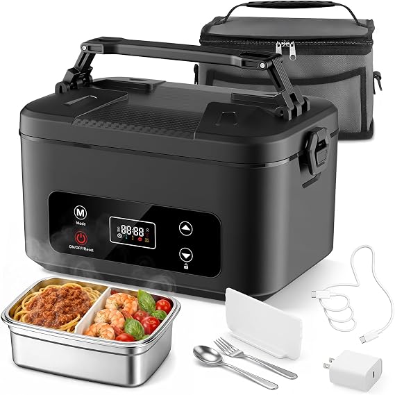 Electric Lunch Box, 1.2L Heated Lunch Box, Intelligent Heated Cordless Lunch Box, 24000mAh Stainless Steel Lunchbox, Portable Food Warmer with Container for Camping, Office, Cars, Picnic, Travel