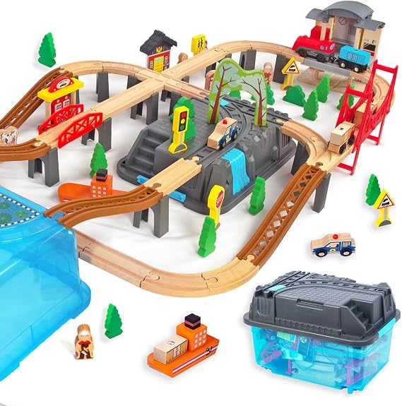 Wooden Train Set for Kids,100Pcs Train Track Railway for Toddlers | Compatible with Major Brands, Durable Non-Toxic Train Toy with Storage Box,Birhtday Gifts for Boys Girls 3 4 5 Years Old