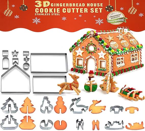 18 Pcs Silver Christmas Gingerbread House Cookie Cutters Biscuit Cutters Stainless Steel Metal Baking Mould 3D Cookie Cutters Shapes Christmas Holiday DIY Baking Tools