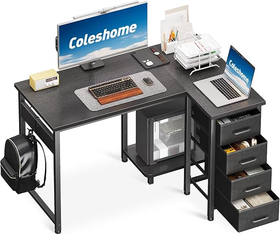 Coleshome Small Corner Desk with Drawers for Home Office, 100x70 cm, Black