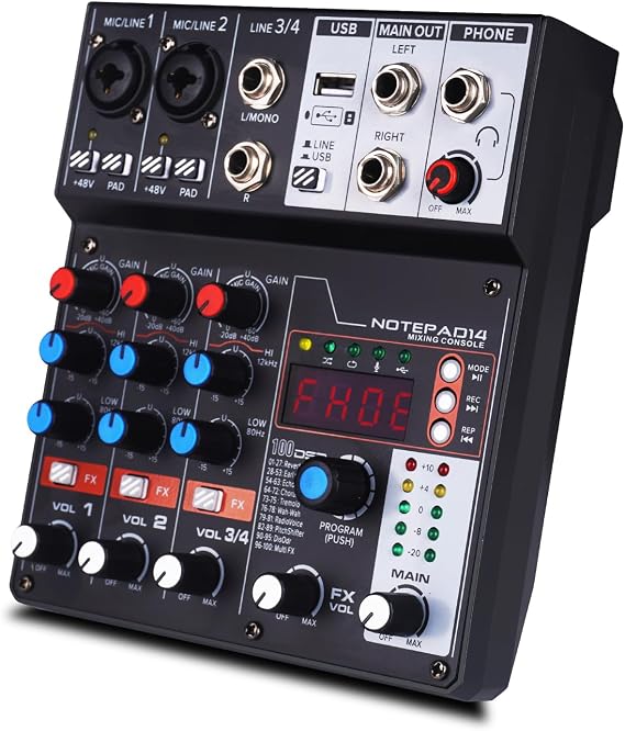 AD14 Professional Audio Mixer Sound Board Console System Interface 4 Channel Digital USB Bluetooth MP3 Computer Input 48V Phantom Power Stereo DJ Studio Streaming FX 100-bit DSP Processor
