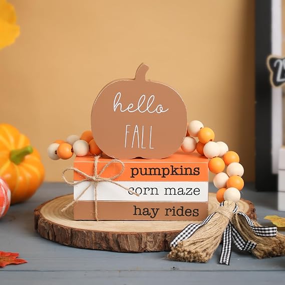 Fall Pumpkin Decor, Decorations for Home Wooden Tiered Tray Decor | Wood Book Stack, Thanksgiving Hello Fall Decor Block Signs for Autumn, Table Decor, Farmhouse for Living Room Kitchen