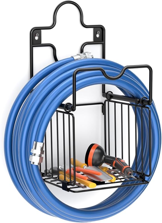 Garden Hose Holders for Outside Metal Water Hose Holder Wall Mount Hose Hanger with Storage Basket Heavy Duty Waterhose Holder for Outside Hose Rack Outdoor Hose Caddy Hook for Garden Organizer Black
