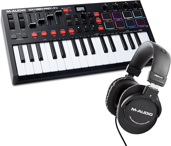 M-Audio Oxygen Pro Mini 32 Key USB MIDI Keyboard Controller with Beat Pads and HDH40 Over Ear Studio Headphones