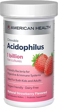 American Health Daily Chewable Tablet Acidophilus, 1 Billion Live Cultures, Beneficial Bacteria for The Digestive & Immune Systems, Strawberry, 60 Count