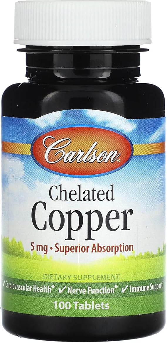 Carlson Chelated Copper, 5 mg, Superior Absorption, 100 Tablets | Nerve Function; Optimal Wellness