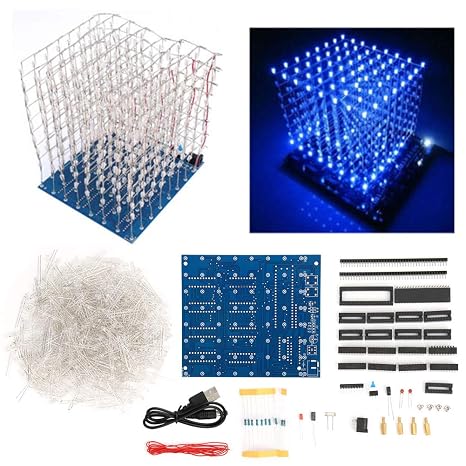 LED Cube, 3D LED Light Squared Kit 8 x 8 x 8 Cube Blue Red DIY Hand Made Gift Home Decoration(Blue)