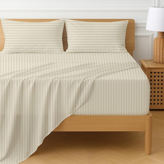 Cottington Lane Extra Deep Pocket King Sheet Set Egyptian Cotton, 4 Piece Hotel Quality Luxury Bedding, 22-Inch Deep Fit, Soft, Breathable & Durable Sheets for Thick Mattresses, Ivory Stripe