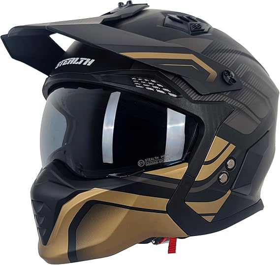 Motorcycle Crash Helmet Stealth Fighter ECE 22.06 Approved Multi Function Full Face & Open Face Helmet Removable Peak - Orbit Black/Gold Matt