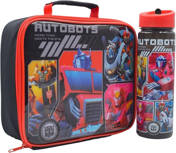Transformers Autobots Kids School Lunch Bag & 600ml Water Bottle Set – Insulated Lunchbox with Leak Proof Flip Spout Bottle – Optimus Prime & Bumblebee Official Hasbro Merchandise