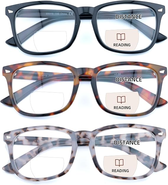 3 Pack Bifocal Reading Glasses for Women Men Bi-focal Readers PC Frame Fixed Hinge Dual Focal Clear Top Eyewear