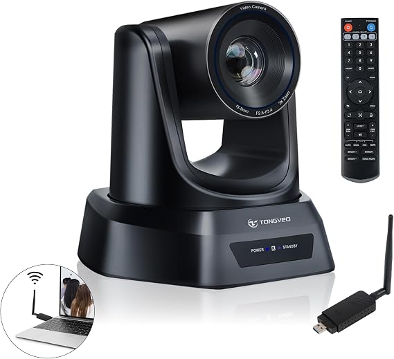 TONGVEO Wireless AI PTZ Camera with Auto-Tracking: Built-in 5.8GHz Receiver for Cable-Free Setup, 1080P 60fps 3X Zoom Conference Camera for Church Services, Online Classes & Hybrid Meetings