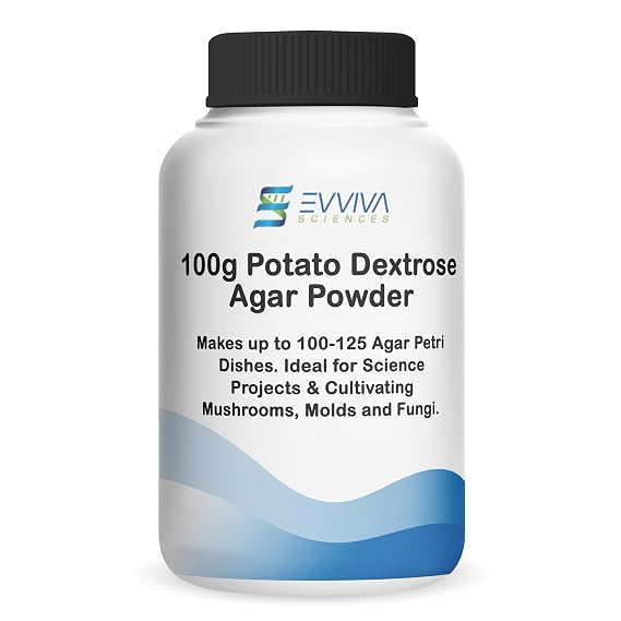 Potato Dextrose Agar Powder 100 Grams - Evviva Sciences - Makes 100-125 Premium Agar Petri Dishes - Premium Performance - Excellent for Mold & Fungus - Great for Mushrooms & Science Projects