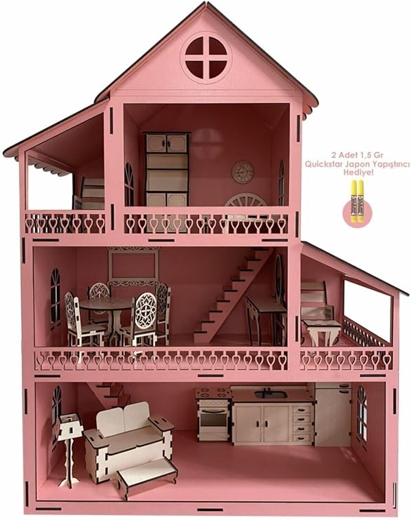3 Katlı Ahşap Çocuk Oyun Evi, Pembe, Eşyalı, Eğlenceli ve Güvenli Tasarım DSD5784753936891