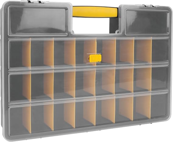 Performance Tool W54037 26-Compartment Hardware Organizer Box | Adjustable dividers for small parts storage. Clear cover for quick identification. Portable box with heavy duty handle