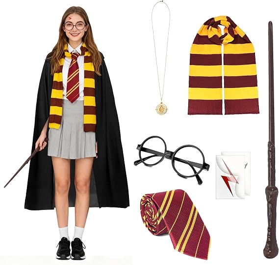 Wizard Costume Accessories, 8 Pcs Cosplay Accessories Set with Magic Cloak Magic Wand Hat Scarf Tie Necklace Glasses Tattoo Sticker, Fancy Dress Set for Halloween Party World Book Day