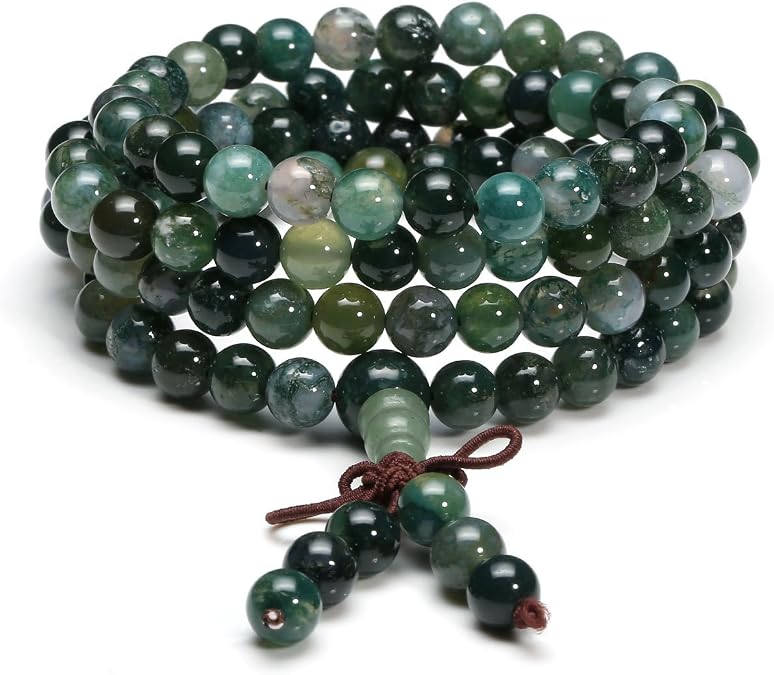 Jovivi 108 Mala Beads Bracelet 6mm 8mm Natural Indian Agate/Green Moss Agate Gemstone Healing Crystal Stone Beaded Bracelet Hand Knotted Prayer Mala Beads Necklace for Yoga Meditation Balance