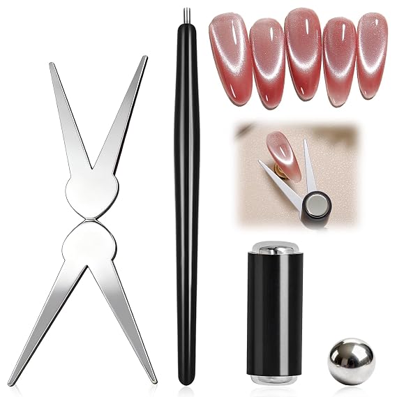 5PCS Cat Eye Nail Magnet Set, 2 in 1 Scissor-shaped Cat Eye Magnets for French Tip Effect, Sturdy Cylinder Magnet with Magnetic Beads Gel Nail Polish Magnet Tools for DIY Art Home & Salon Use