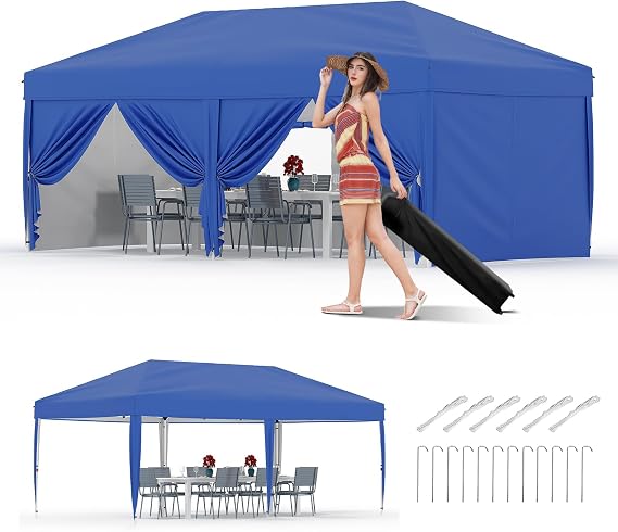 10X20 Pop Up Canopy Tent with 6 Sidewalls Heavy Duty Commercial Instant Shelter, One-Person Quick Setup Outdoor Party Tent, Water-Resistant & Portable, Blue