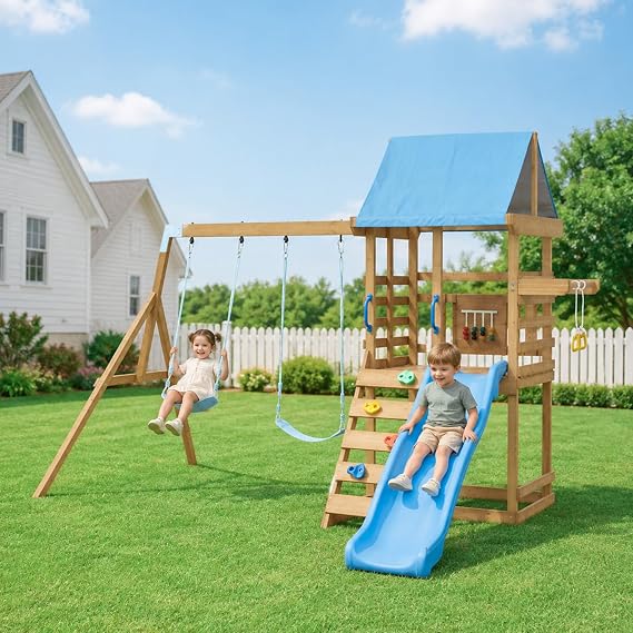 Wooden Swing Sets for Back Yard, Play Ground Outdoor Set for Backyards with Slide, Belt Swings, Play Deck, Rock Wall Ladder, Pull up Rings and Puzzle Chess Board, Kids Swing Set for Fun