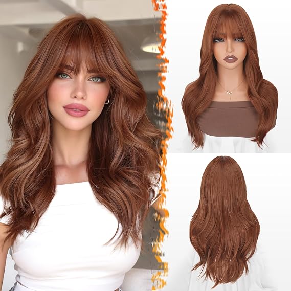 BARSDAR 20 Inch Synthetic Soft Wavy Layered Natural Auburn Wig with Bangs