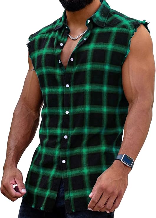 Beotyshow Men's Sleeveless Flannel Shirt Button Down Casual Plaid Shirts