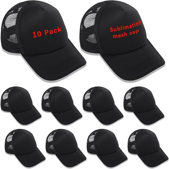 ORJ 10 Pack Unisex Sublimation Blank Mesh Baseball Cap Polyester Mesh Black Trucker Hat Bulk