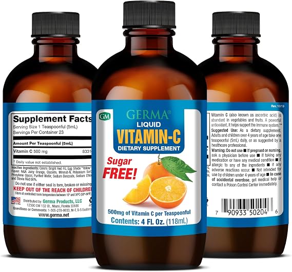 Germa Sugar-Free Liquid Vitamin C. 500 mg. Fast Absorption Dietary Supplement. Immune System Booster. 4 oz / 118ml