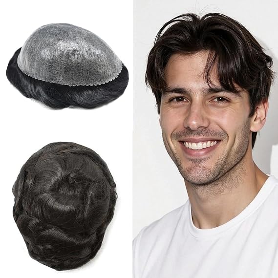 Mens Hair Replacement System 0.1mm Durable Skin Poly Toupee Hair for Men Real Human Hairpieces Units 8X10 120% Medium Light to Medium Density #1 Jet Black